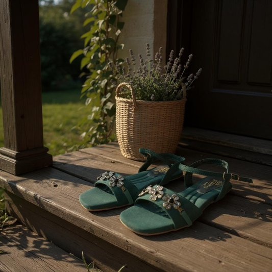 Antique-Embellished Green Flats for Regal Elegance